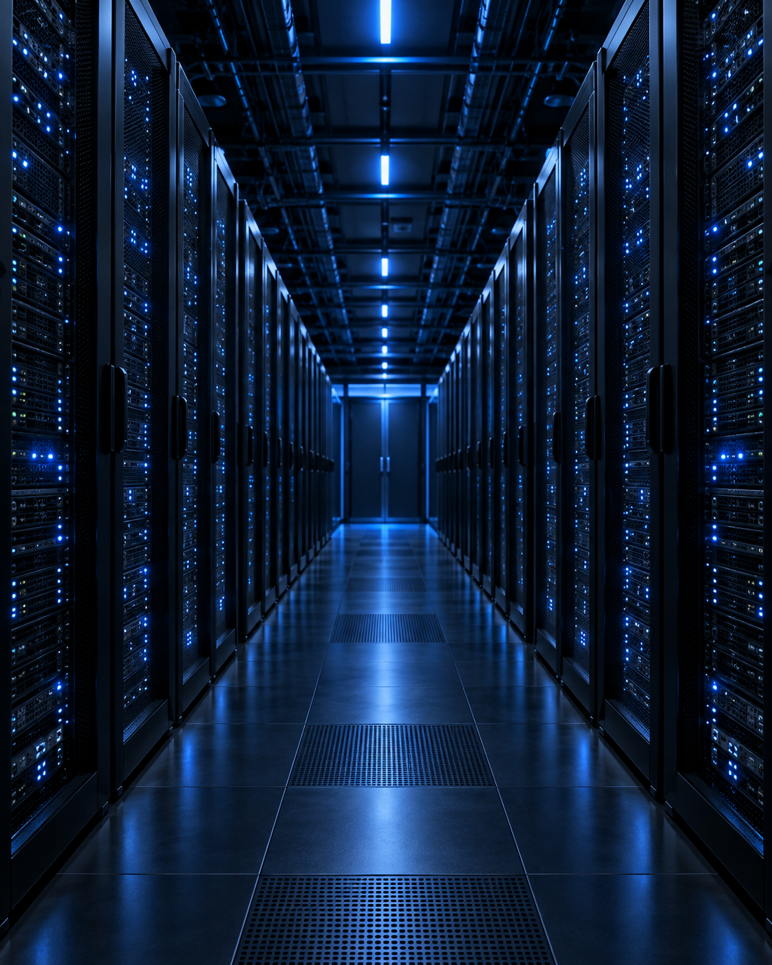 An illustrated illuminated data center corridor
